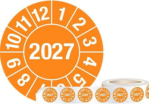 Etykieta testowa DENIOS „2027”, pomarańczowa, folia, 30 mm, opakowanie jednostkowe: 1 rolka po 1000 sztuk, 290-144
