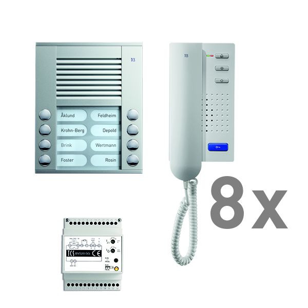 Sistem de control al ușii TCS audio: pachet AP pentru 8 unități rezidențiale, cu stație exterioară PES 8 butoane sonerie, 8x telefon ușă ISH3030, unitate de control BVS20, PAAH082 / 001