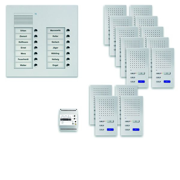 Sistem de control al ușii TCS audio: pachet UP pentru 14 unități rezidențiale, stație exterioară PUK 14 butoane sonerie cu 2 coloane, 14x difuzor mâini libere ISW3030, control, PPUF14 / 2-EN / 02