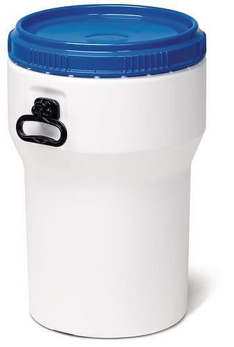 DENIOS leveäkaulainen PE-tynnyri, 40 litraa, kannella, valkoinen/sininen, sisäkkäin, YK-hyväksyntä, 217-399