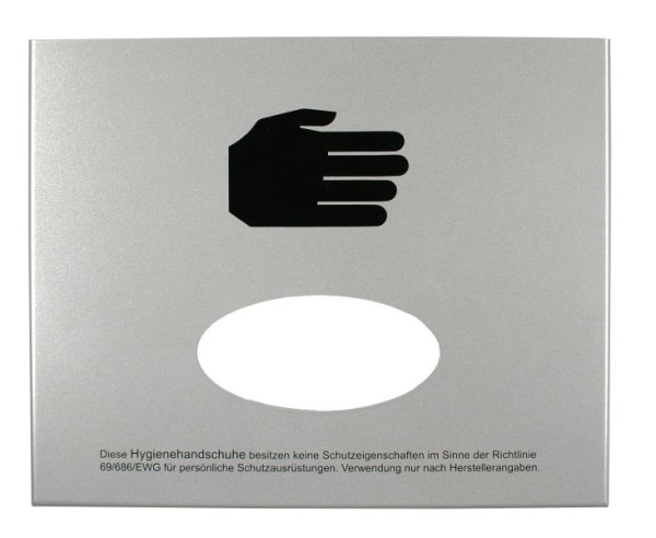 Busching handschoendispenser, uitneembaar aan de voorkant, opening middenvoor, aluminium RAL 9006 met pictogram/beschermingsinformatie, 100321