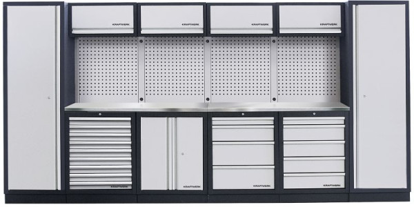 Kraftwerk MOBILIO 6-elementowy system szafek warsztatowych z nierdzewnym blatem INOX, z kwadratową ścianką perforowaną, 3964FIX
