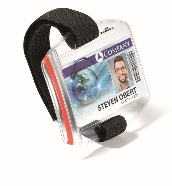 DURABLE ID-kaarthouder OUTDOOR SECURE met verstelbare armlus, ID-kaarthouder transparant/zwarte band, 10 stuks, 841419