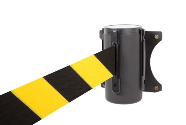 ALLROUNDLINE bariérová páska, montáž na stěnu pomocí pásku, pouzdro: černé / pás: černo-žluté diagonální pruhy, ALW-10-3.0-0170