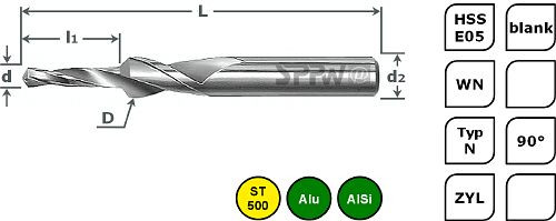 Krokový vrták SPPW HSS -E05 90 ° L: 110x30 Ø8,4x16,4 - M8, 1234300800