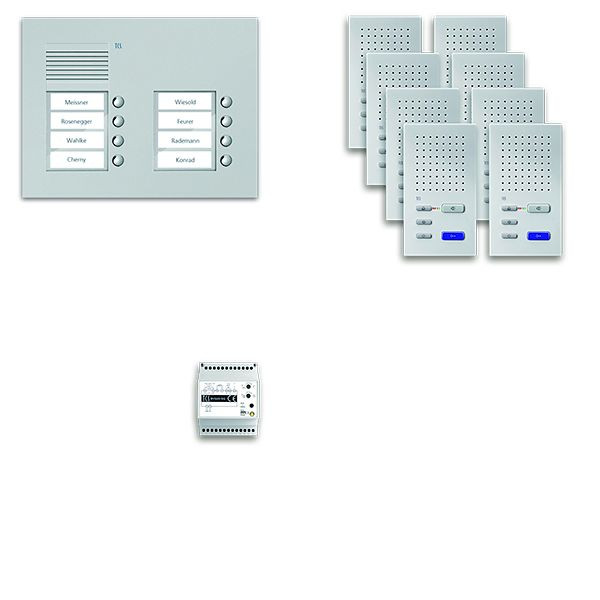 Áudio do sistema de controle de porta TCS: pack UP para 8 unidades residenciais, com estação externa PUK 8 botões de campainha, 2 colunas, 8x alto-falante viva-voz ISW3030, controle, PPUF08/2-EN/02