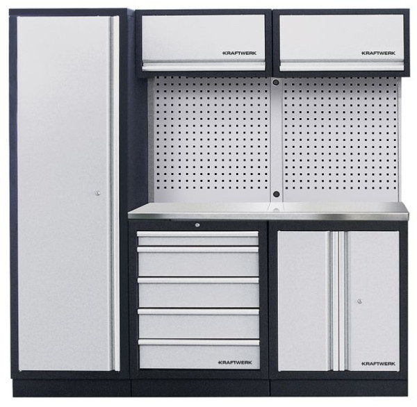 Kraftwerk MOBILIO 3-elementowy system szafek warsztatowych z nierdzewnym blatem INOX, z kwadratową ścianką perforowaną, 3964AIX