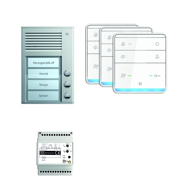 System sterowania drzwiami TCS audio: pakiet AP na 3 jednostki mieszkalne, ze stacją zewnętrzną PAK 3 przyciski dzwonka, 3x zestaw głośnomówiący ISW5010, centrala BVS20, PSC2330-0000