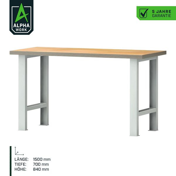 Pracovní stůl řady Alpha Work Basic, 1500 x 840 x 700 mm, světle šedá, buková multiplexová deska, 07272