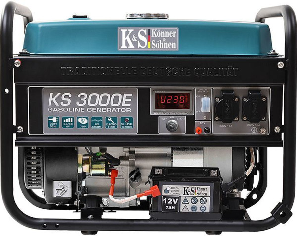 Könner & Söhnen 3000W bensiini E-start generaattori, 2x16A (230V), 12V, volttisäädin, matala öljysuoja, ylijännitesuoja, näyttö, KS 3000E