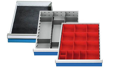 Sortiment Bedrunka+Hirth diviziune (3 părți) pentru sertare R 18-24, inserție din cauciuc ondulat, cutie piese mici, diviziune metalică 450 x 600 mm, 500/583A