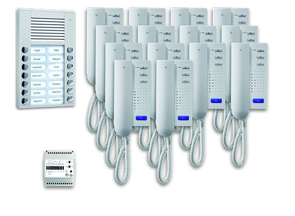 System sterowania drzwiami TCS audio: pakiet AP na 14 jednostek mieszkalnych, ze stacją zewnętrzną PES 14 przycisków dzwonkowych, 14x domofon ISH3030, centrala BVS20, PPA14-EN / 02