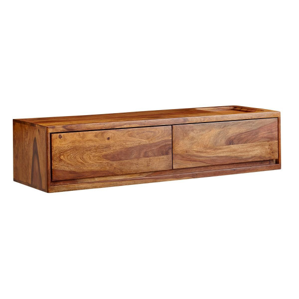 Wohnling niska szafka wisząca z litego drewna sheesham 108x25x34 cm szafka pod telewizor brązowa, designerski stolik pod telewizor z miejscem do przechowywania, z dwiema szufladami, WL6.568