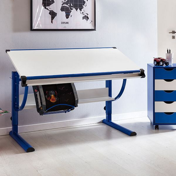 Mesa infantil Wohnling Design madeira MORITZ 120 x 60 cm azul / branco, inclinação ajustável, WL5.127