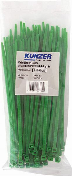 Abraçadeiras Kunzer 200 x 4,8 verdes (100 peças) destacáveis, 71042LG
