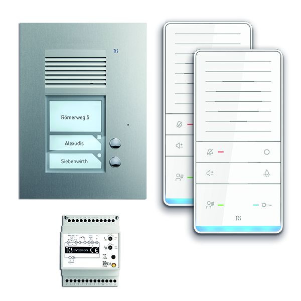 Σύστημα ελέγχου πόρτας TCS ήχου: πακέτο UP για 2 κατοικίες, με μπροστινή πόρτα PUK, 2 κουμπιά κουδουνιού, 2x ηχείο hands-free ISW5031, συσκευή ελέγχου BVS20, PAUF021/001