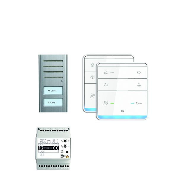 Σύστημα ελέγχου πόρτας TCS ήχου: πακέτο AP για 2 οικιστικές μονάδες, με μπροστινή πόρτα ASX, 2 κουμπιά κουδουνιού, 2x ηχείο hands-free ISW5010, συσκευή ελέγχου BVS20, PSX2320-0000