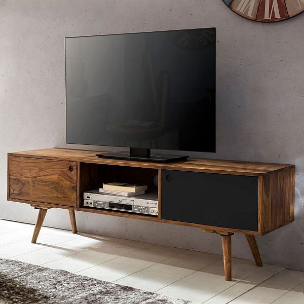 Wohnling TV-lowboard REPA 140 cm massief hout sheesham landhuis 2 deuren & compartiment, bruin/zwart 4 poten, WL1.973