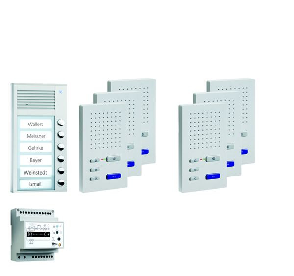 Comando de porta áudio TCS:pacote AP para 6 unidades residenciais, com estação exterior PAK 6 botões de campainha, 6x altifalante mãos-livres ISW3030, dispositivo de controlo BVS20, PPAF06-EN/02